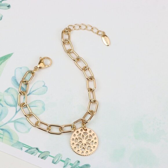 "Rose Gold Plated Bracelet with Cutout Floral Disc Charm, XPBL0880 - Picture 5 of 13